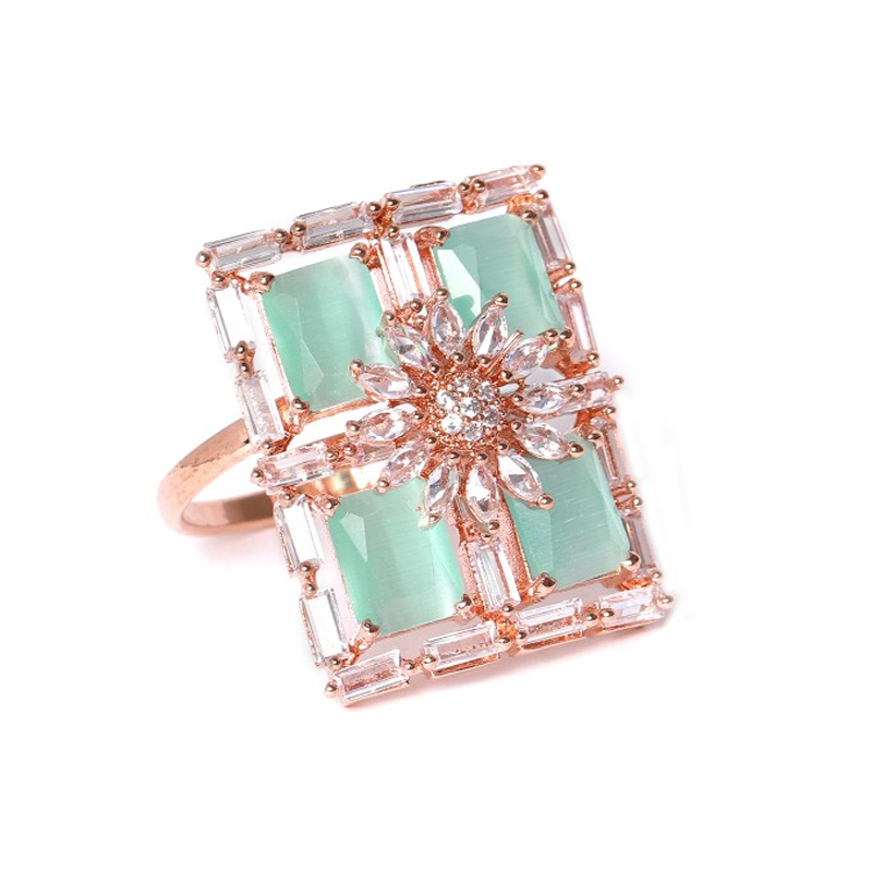 Sea Green Rose Gold-Plated CZ Studded Handcrafted Adjustable Finger Ring