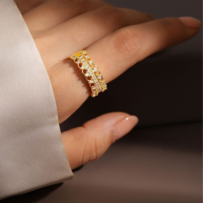 18K Gold Plated Baguette & Cubic Zirconia Studded Adjustable Openable Ring