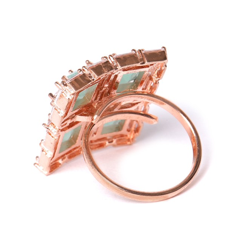 Sea Green Rose Gold-Plated CZ Studded Handcrafted Adjustable Finger Ring