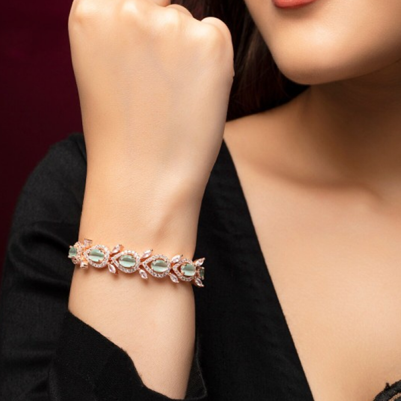 Women Rose Gold-Plated Sea Green Diamond Studded Bracelet