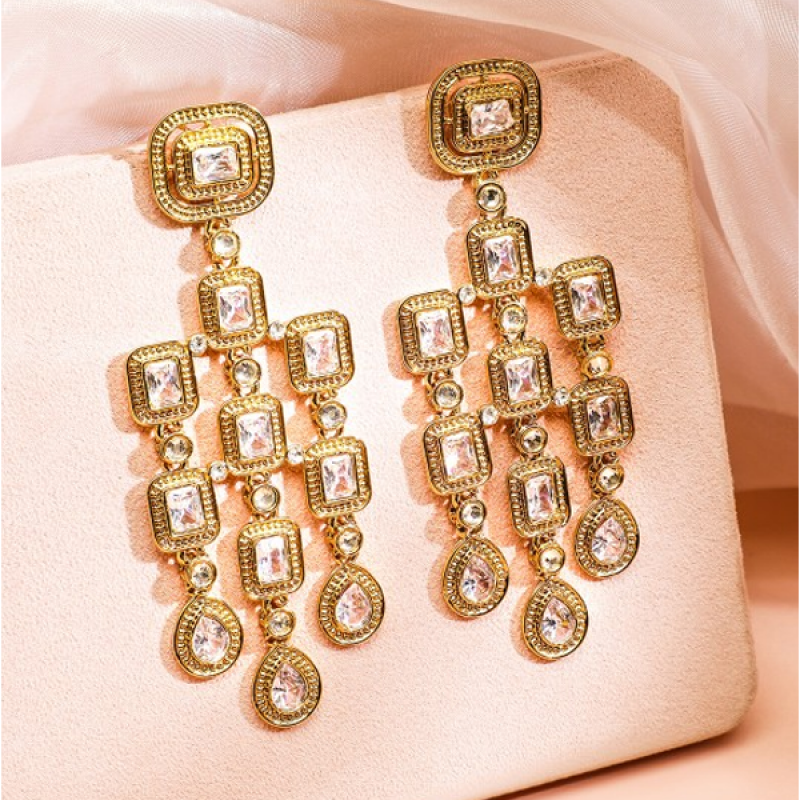 Gold Plated Zirconia Studded Antique Light Gold-Tone Premium Chandelier Earring