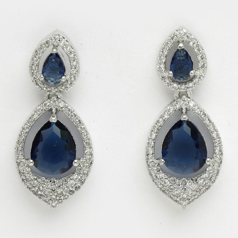 Rhodium-Plated Teardrop Shaped Diamond Drop Earrings