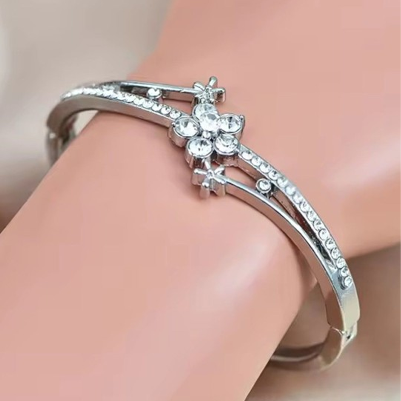 18KT Silver-Plated Crystal Stone Studded Bangle-Style Bracelet