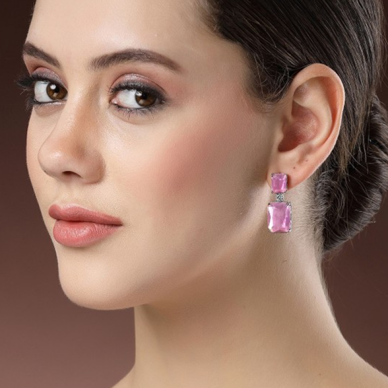 Silver-Plated Diamond Studded Contemporary Drop Earrings