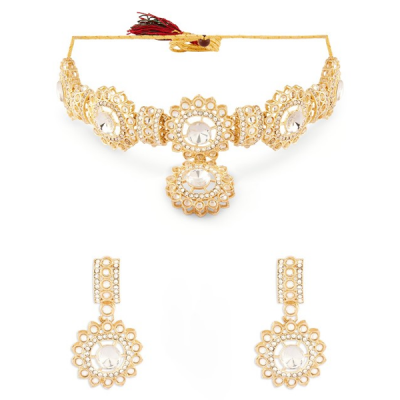Gold-Plated Stones Studded Jewellery Set"Occasion : Ethnic Base Metal : Alloy Stone Type : Artificial Stones Type : Necklace and Earrings Plating : Go